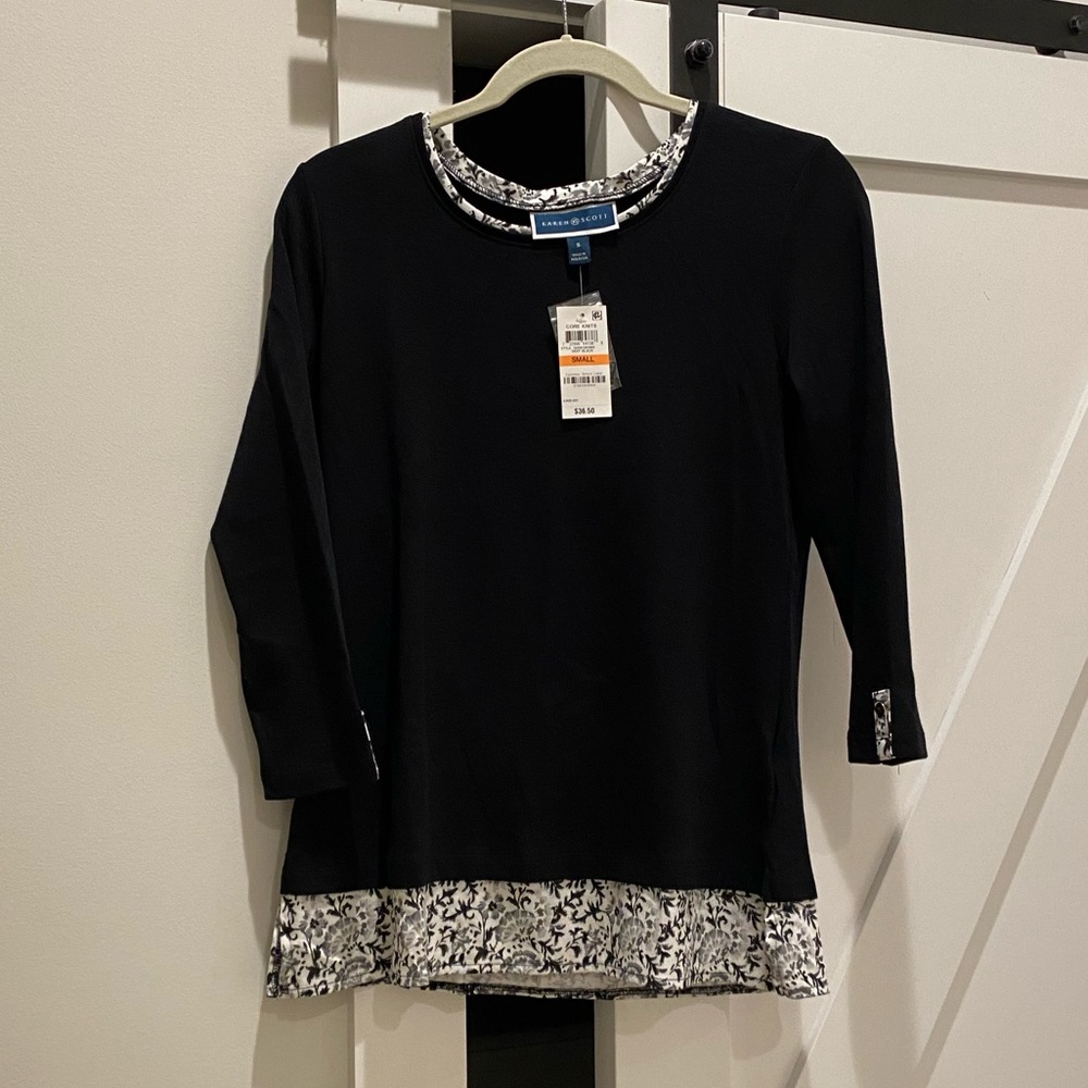 Karen Scott Black w Floral accent Blouse - Size S - NWT
